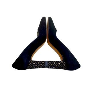 Delman Fleur black suede pumps 3 inch block heel gold print detail Italy sz 7A